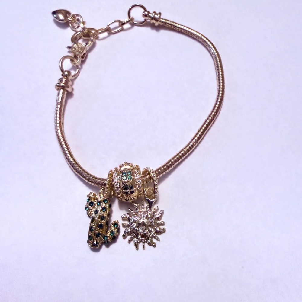 Gold Tone Charm Bracelet with Sun and Cactus Charms